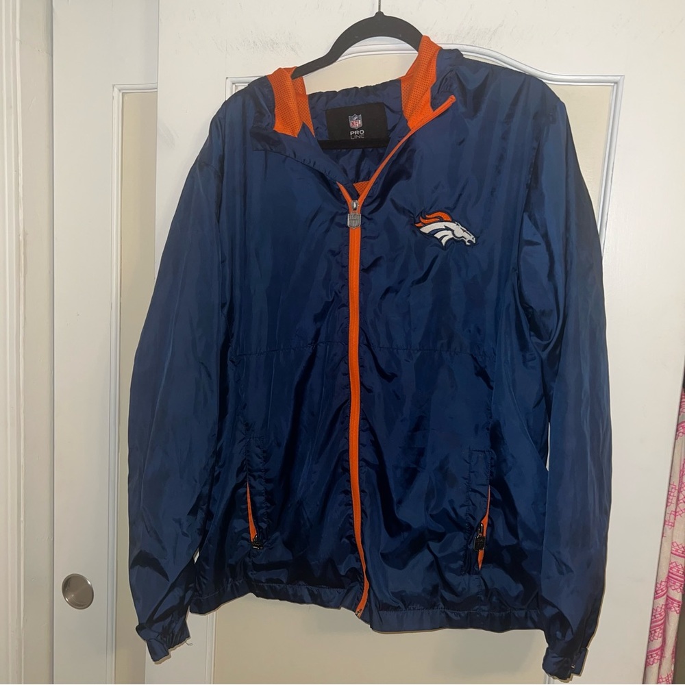 Broncos NFL Proline Embroidered Blue and Orange Windbreaker Jacket Size: Large